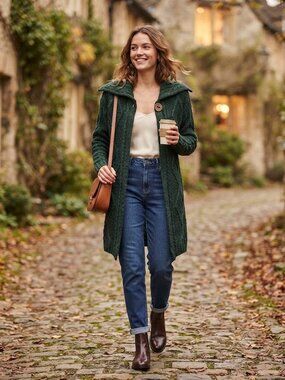 Carraigdonn Dark Green Cable Knit Wool Shawl Collar Cardigan